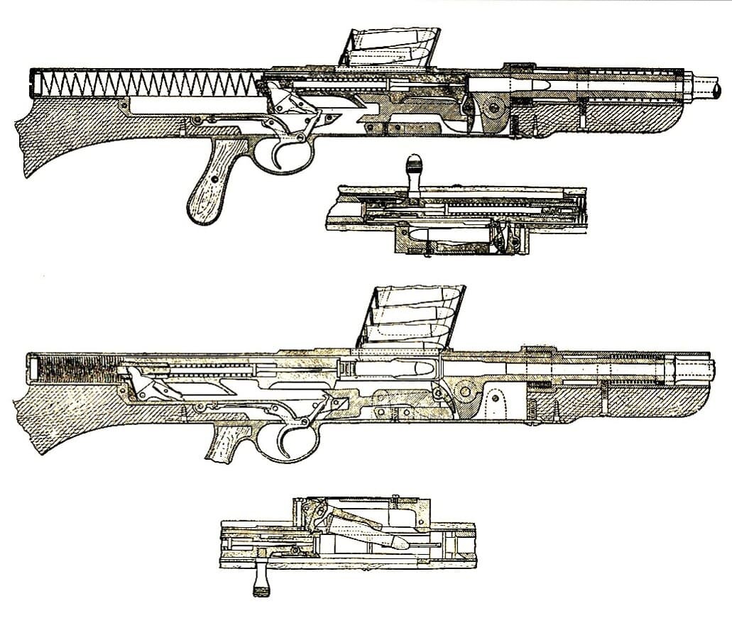 Положение деталей оружия при запертом и открытом затворе.