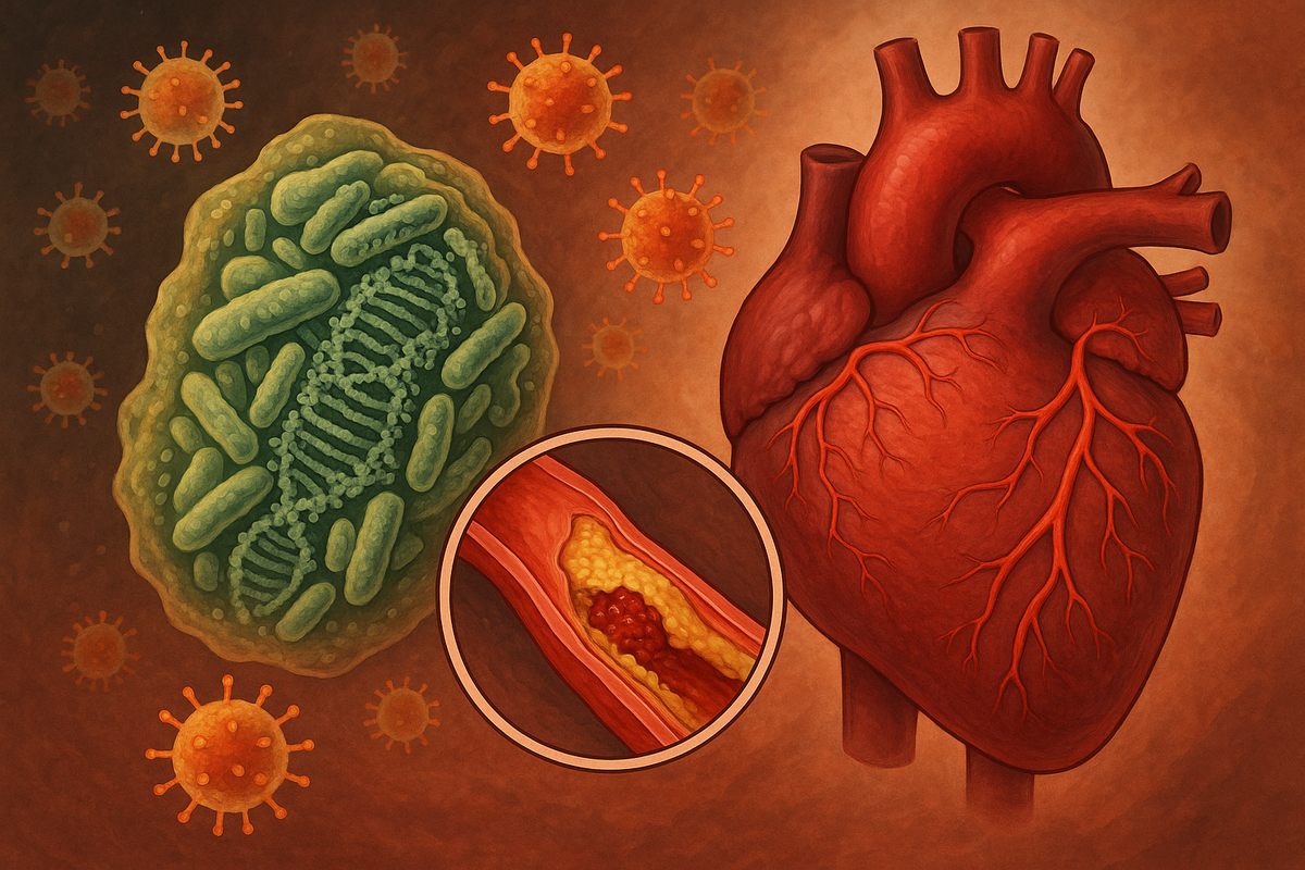 Картинка иллюстрирует взаимосвязь между инфекцией и сердечно-сосудистыми заболеваниями: сердце и артерия с атеросклеротической бляшкой соседствуют с бактериями и вирусами, подчёркивая роль инфекций в развитии инфаркта миокарда.