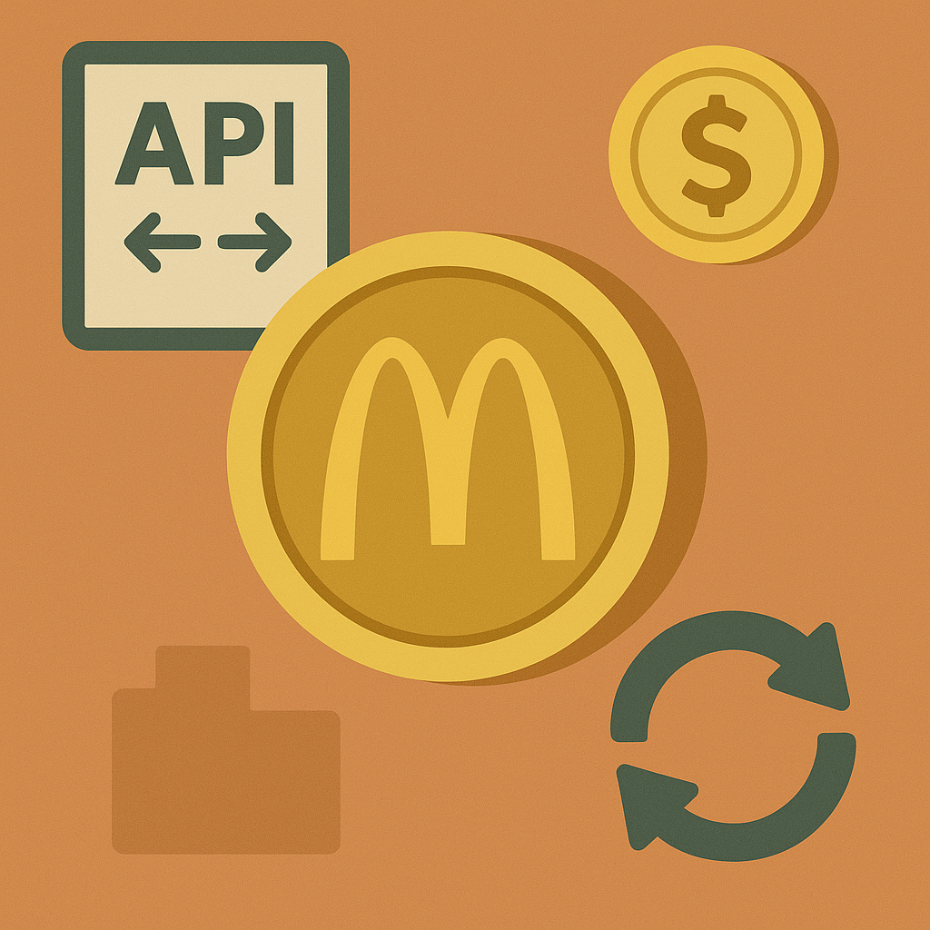 Картинка изображает концепт брендированного стейблкоина: золотая монета с логотипом McDonald’s в окружении символов API, графиков роста и замкнутого цикла, подчёркивающих закрытую экосистему и финансовые преимущества для компаний.