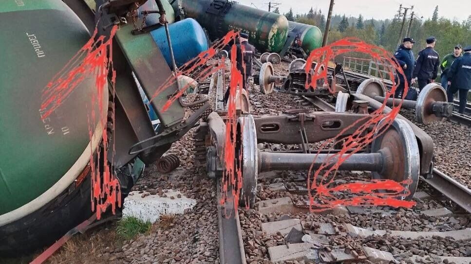 Кадры с места схода с рельсов состава с пустыми цистернами. Фото: 112