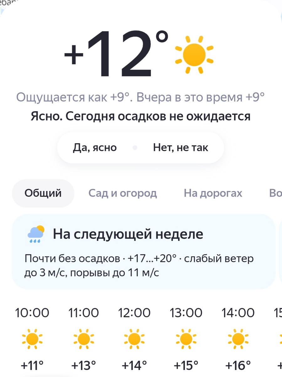 Прогноз погоды на день. Скрин приложения