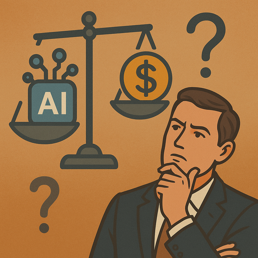 Картинка отражает сомнения в экономической ценности ИИ: весы сравнивают искусственный интеллект и деньги, а рядом задумчивый инвестор и вопросительные знаки, символизирующие неопределённость будущих прибылей.