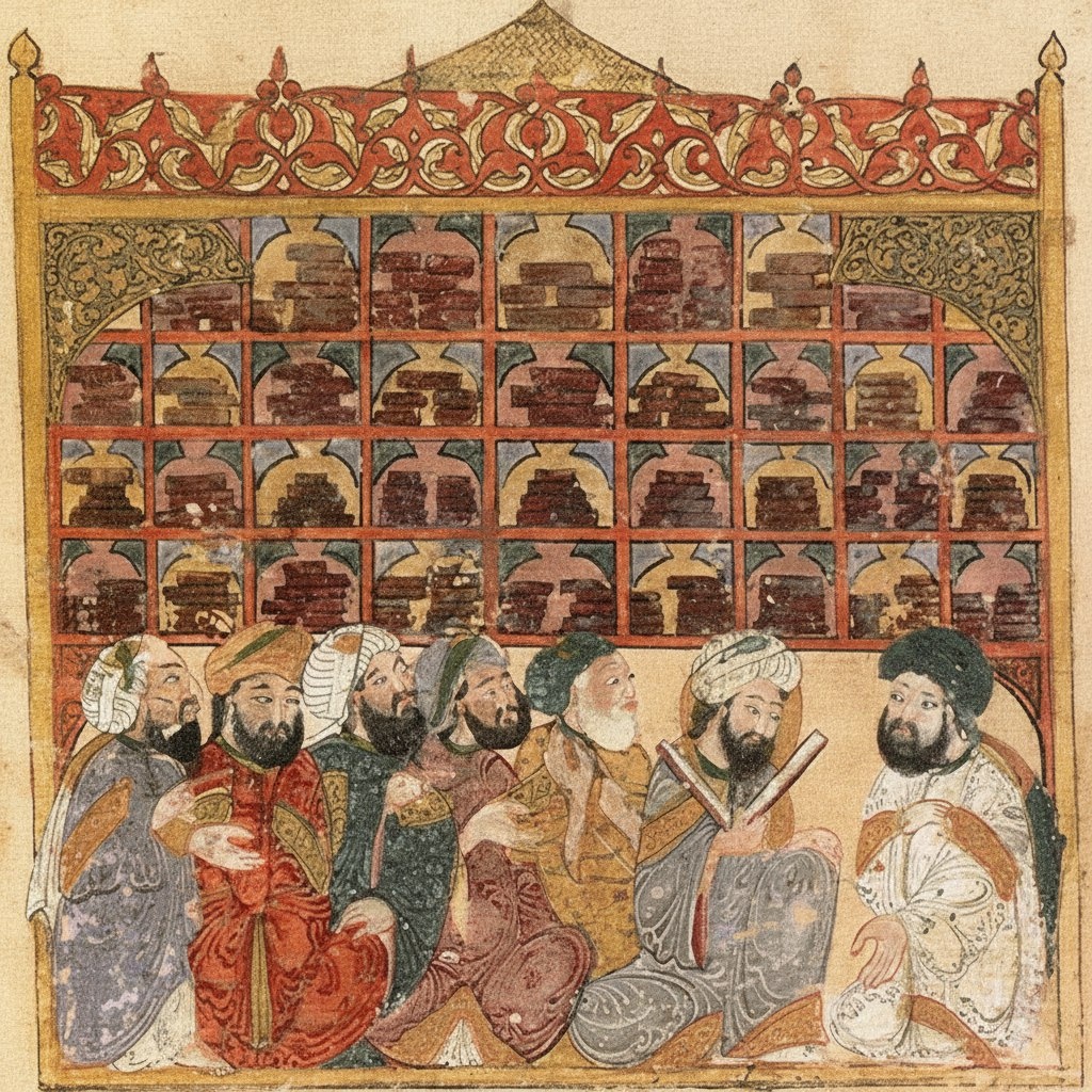 "Ученые в библиотеке Аббасидов. Иллюстрация из «Макамат аль-Харири» Яхьи аль-Васити, 1237 год". Картина создана спустя века после основания Дома мудрости и показывает особый способ хранения рукописей.