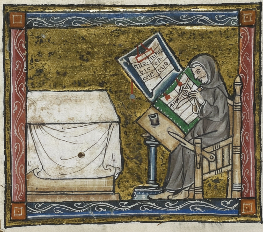 Писец за работой, по иллюстрированному манускрипту из Эстуария Святого Грааля, Франция (Королевская рукопись 14 в III в. н.э., 1315 – 1325 гг. н.э. 