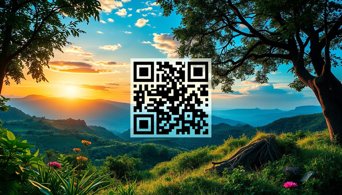    Изображение QR-кода на фоне красивого пейзажа, иллюстрирующее использование QR-кодов в повседневной жизни.