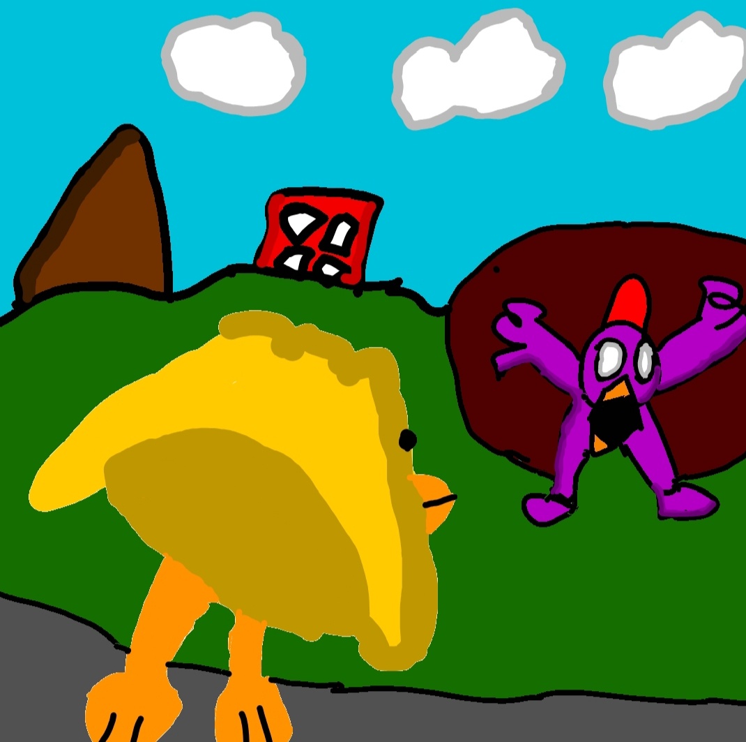 Саймон смотрит на жиолетого чикена из закулисья 