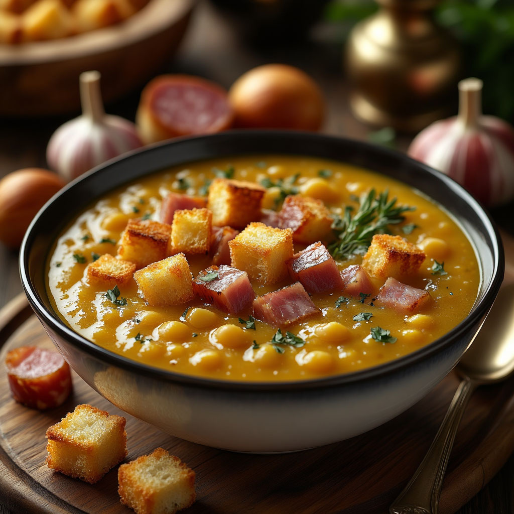 Домашний рецепт горохового супа с копченостями.