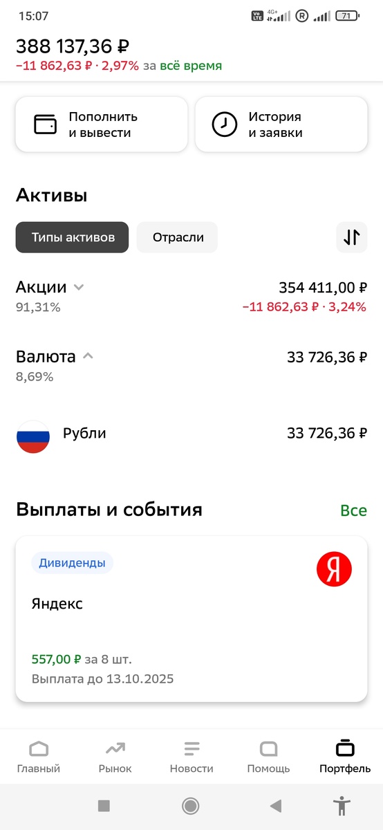 Скриншот мобильного приложения с текущей оценкой портфеля