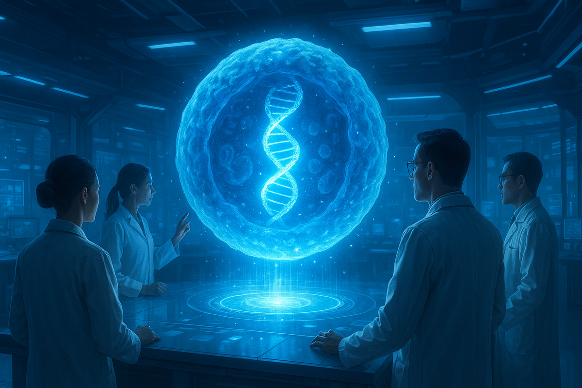 Учёные показывают, как работает новый препарат против старения: спираль ДНК в лаборатории символизирует прорыв в омоложении организма.