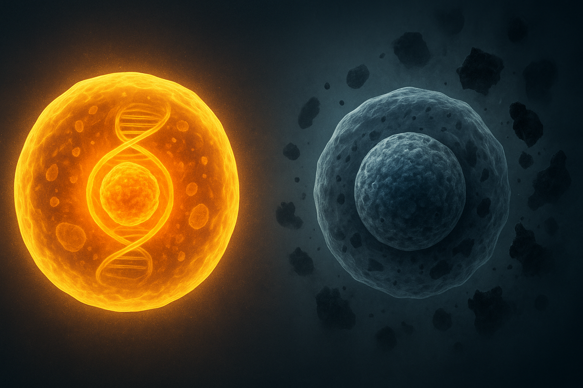 Так выглядит старение на клеточном уровне: молодая клетка активна, а «устаревшая» тормозит обновление и мешает омоложению организма.