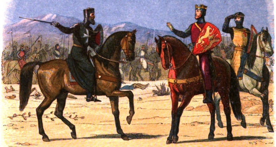 Ричард Львиное Сердце и Великий магистр Ордена госпитальеров. Гравюра Эдмунда Эванса из иллюстрированных «Хроник Англии» (1864 год). Источник: https://ru.wikipedia.org/wiki/Ричард_I_Львиное_Сердце#/media/Файл:A_Chronicle_of_England_-_Page_194_-_Richard_and_the_Master_of_St_John.jpg