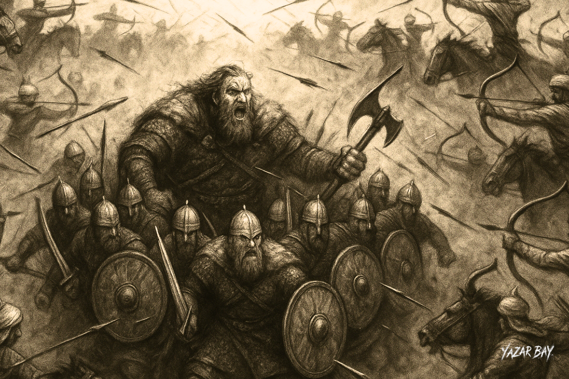 В поле под стенами Никеи тяжелая пехота варяжской гвардии во главе с Хаконом Мрачным отбивается от бесчисленных атак легкой османской конницы. ©Язар Бай