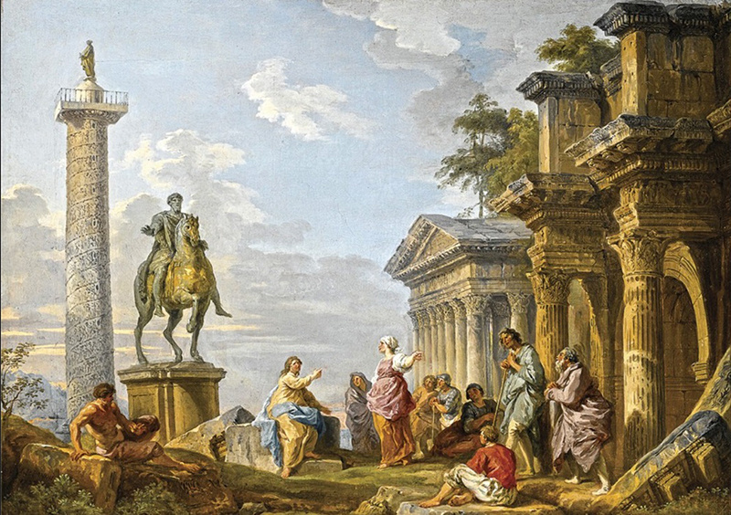 художник Панини Джованни "Каприччио с фигурами возле статуи Марка Аврелия, колонн Траяна и форума Нервы"