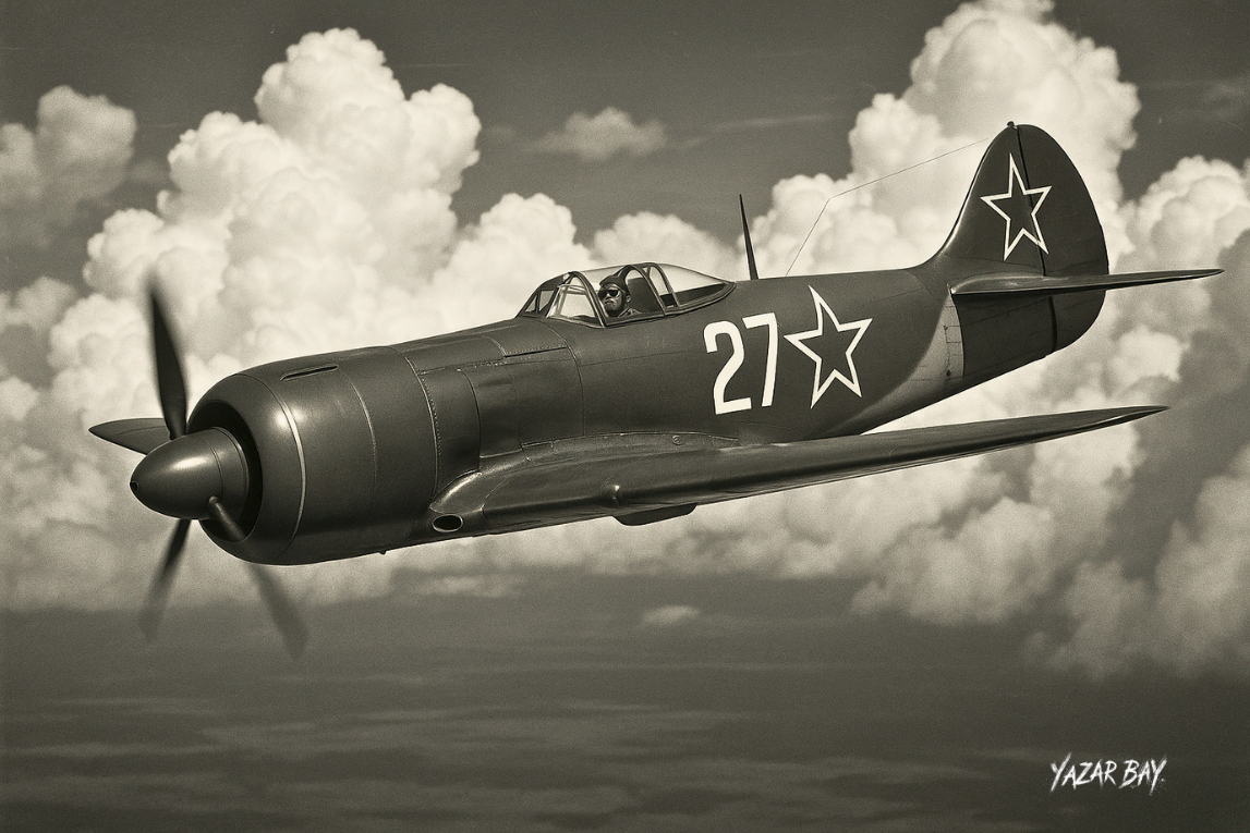 Гвардеец Кожедуб на своем новом истребителе Ла-7 в небе Европы. ©Язар Бай.