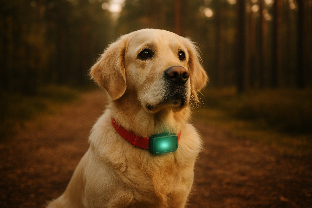 Трекер крепится на ошейник. По нему легко отследить перемещение собаки на карте даже в лесу.