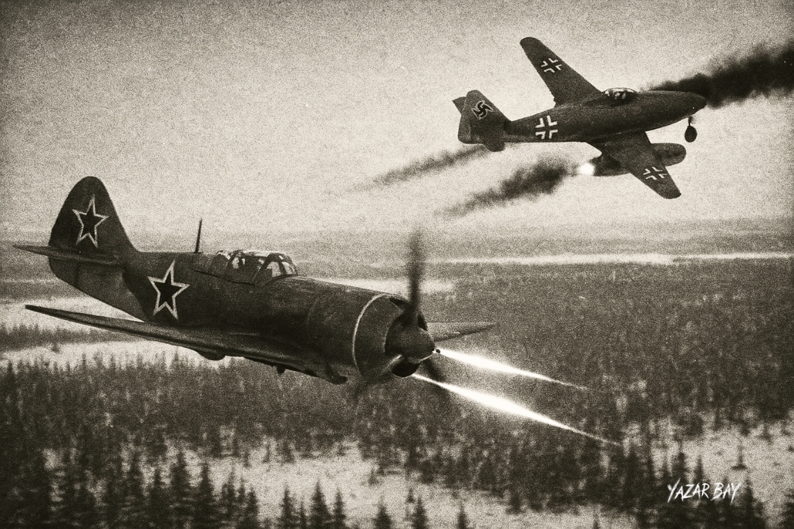 Дважды Герой Советского Союза Кожедуб сбивает немецкий реактивный истребитель Ме-262. ©Язар Бай