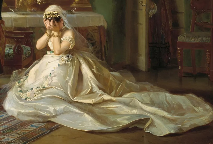  Обессилевшая от рыданий невеста упала на колени перед отцом.