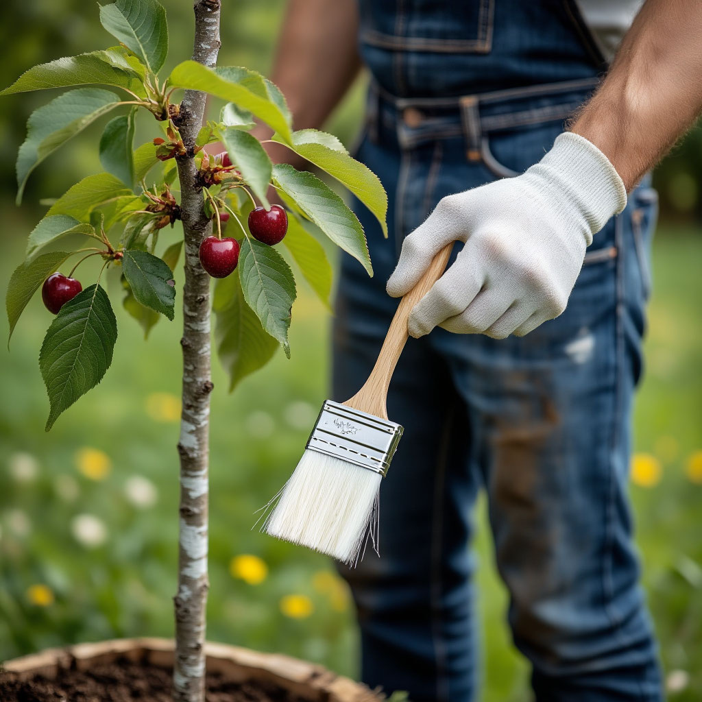 Осенняя побелка стволов деревьев раствором с добавлением медного купороса и глины/клея уничтожает вредителей и споры, укрывшиеся в коре.