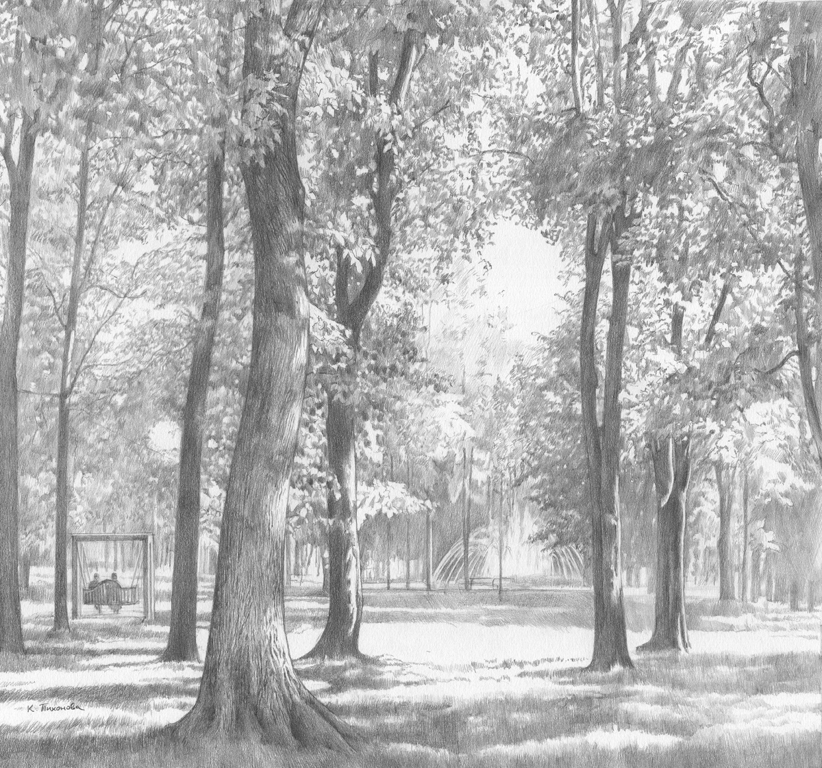 Ксения Тихонова. Серия: Удивительный Смоленск. Лист: Майский день в саду Блонье. 2025. Бумага, графит. 39х42.