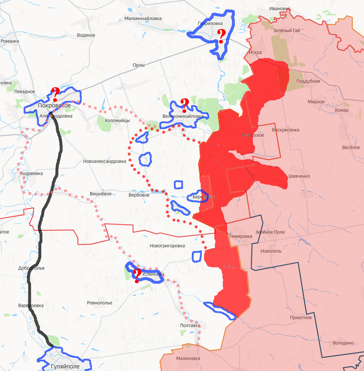 Розовой заливкой - зона контроля ВС РФ на конец августа. Красной заливкой - продвижение ВС РФ с 1 по 14 сентября включительно. Красным пунктиром  - вероятная ближайшая цель наступления. Розовым пунктиром - возможная цель дальнейшего наступления. Синим контуром без названия сёла (сверху вниз) : Волчье, Алексеевка, Степовое, Калиновское, Новоивановка, Ольговское. Черной линией - дорога Покровское-Гуляйполе, основная для снабжения группировки противника в районе Гуляйполя на данный момент.
