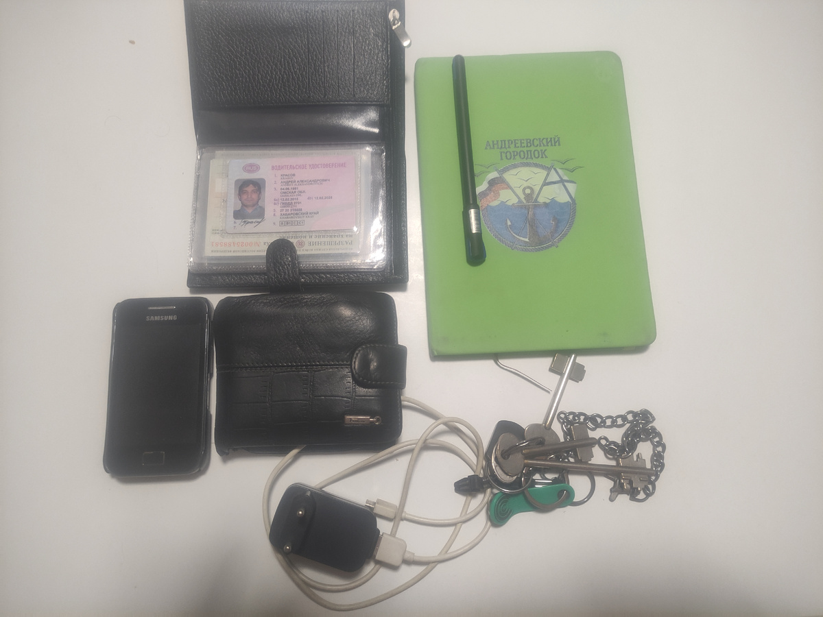 Вещи каждодневного ношения: ключи, сотовый телефон, зарядное устройство, кошелек, документы на автомобиль, записная ручка с ручкой 