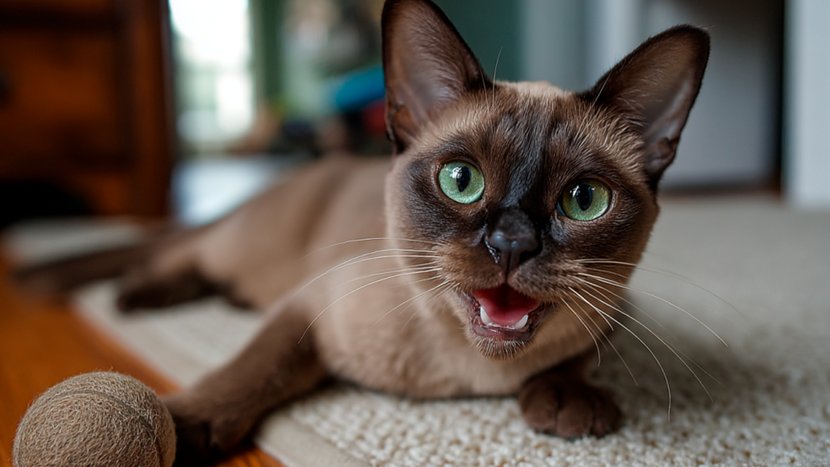 Бирманская кошка ловит мячик на полу, её глаза полны интереса и радости.