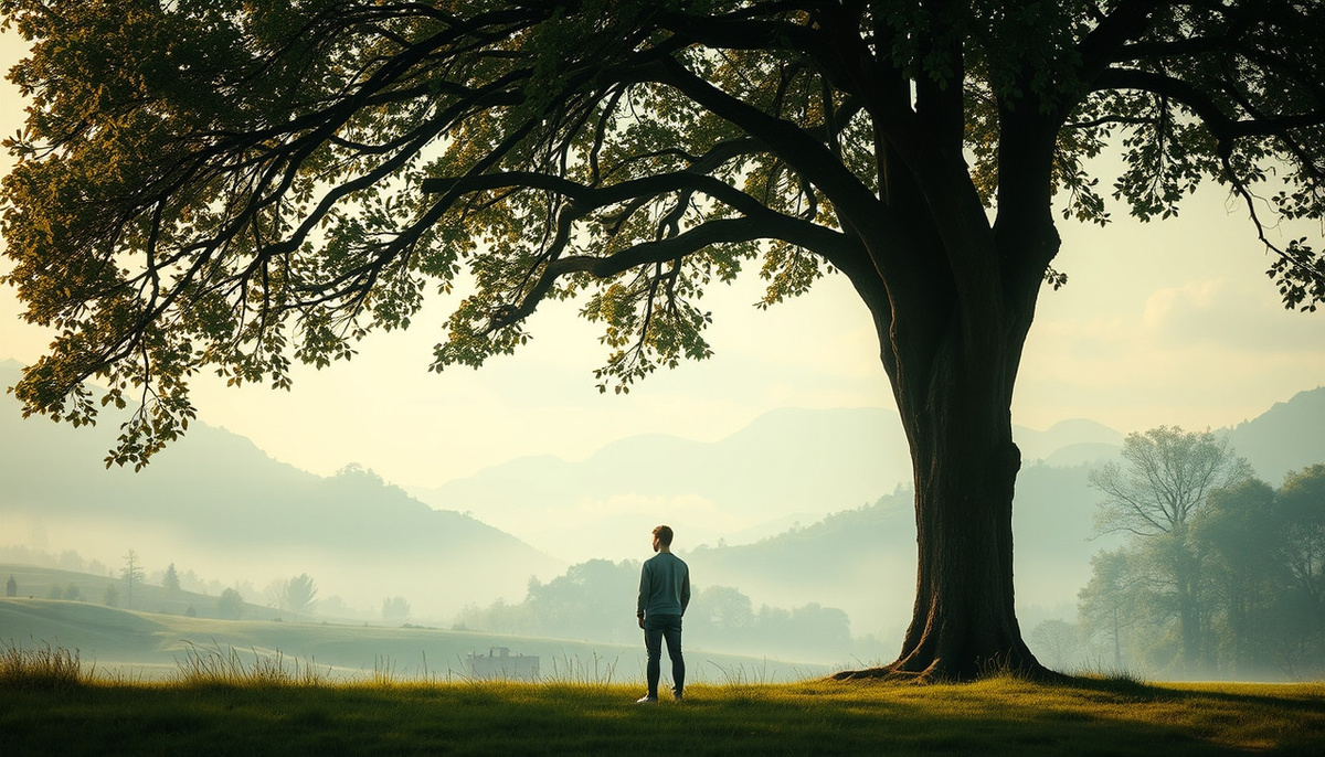    Сцена с человеком, умиротворённо реагирующим на угрозы в СМС, окружённым спокойной природой