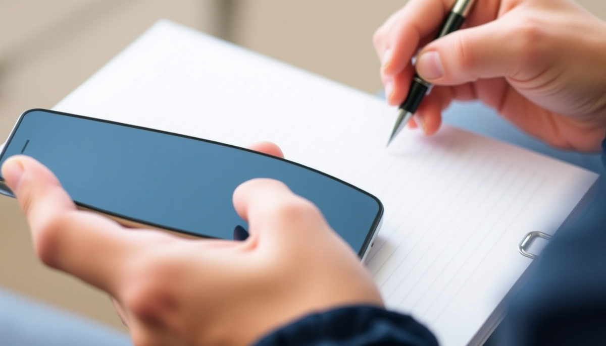    Изображение человека, сохраняющего доказательства угрозы; на заднем плане телефон, который не показывает экран