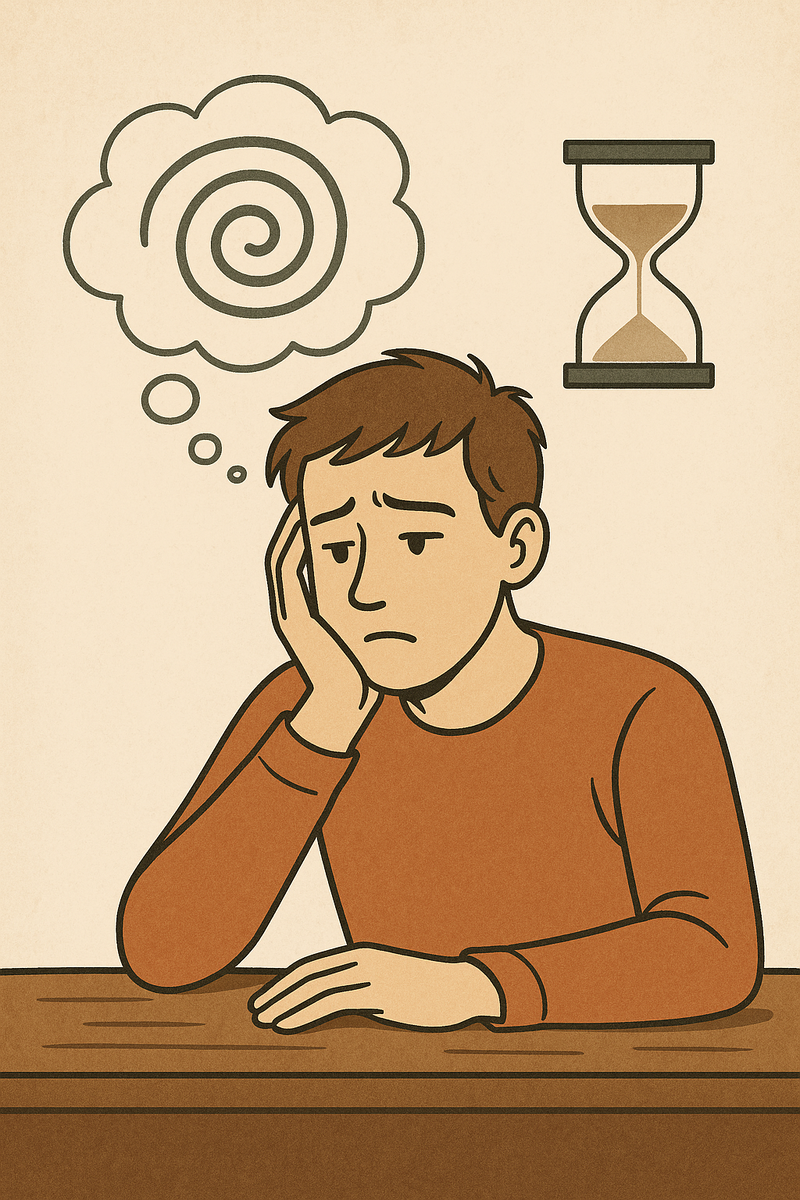 На изображении показан задумчивый молодой человек за столом с песочными часами и символами замедленного мышления (спираль), что иллюстрирует тему «медленного мышления» и поиска своего пути.