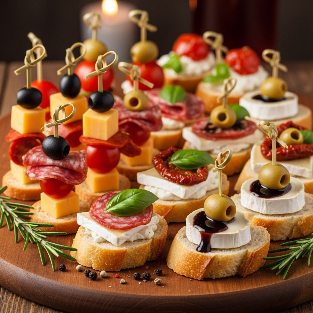 Канапе сыр, колбаса, помидоры, маслины и хлеб.