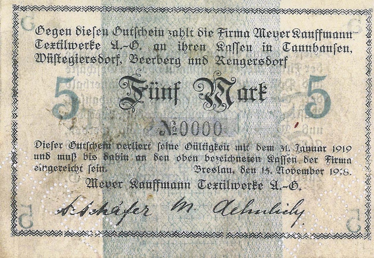 Бреслау. Текстильные фабрики Мейера Кауфмана, 5 марок от 15.11.1918 года, без штампа, с перфорацией "ОБРАЗЕЦ" и КН "0000", без тиснёного штампа, без указания типографии.