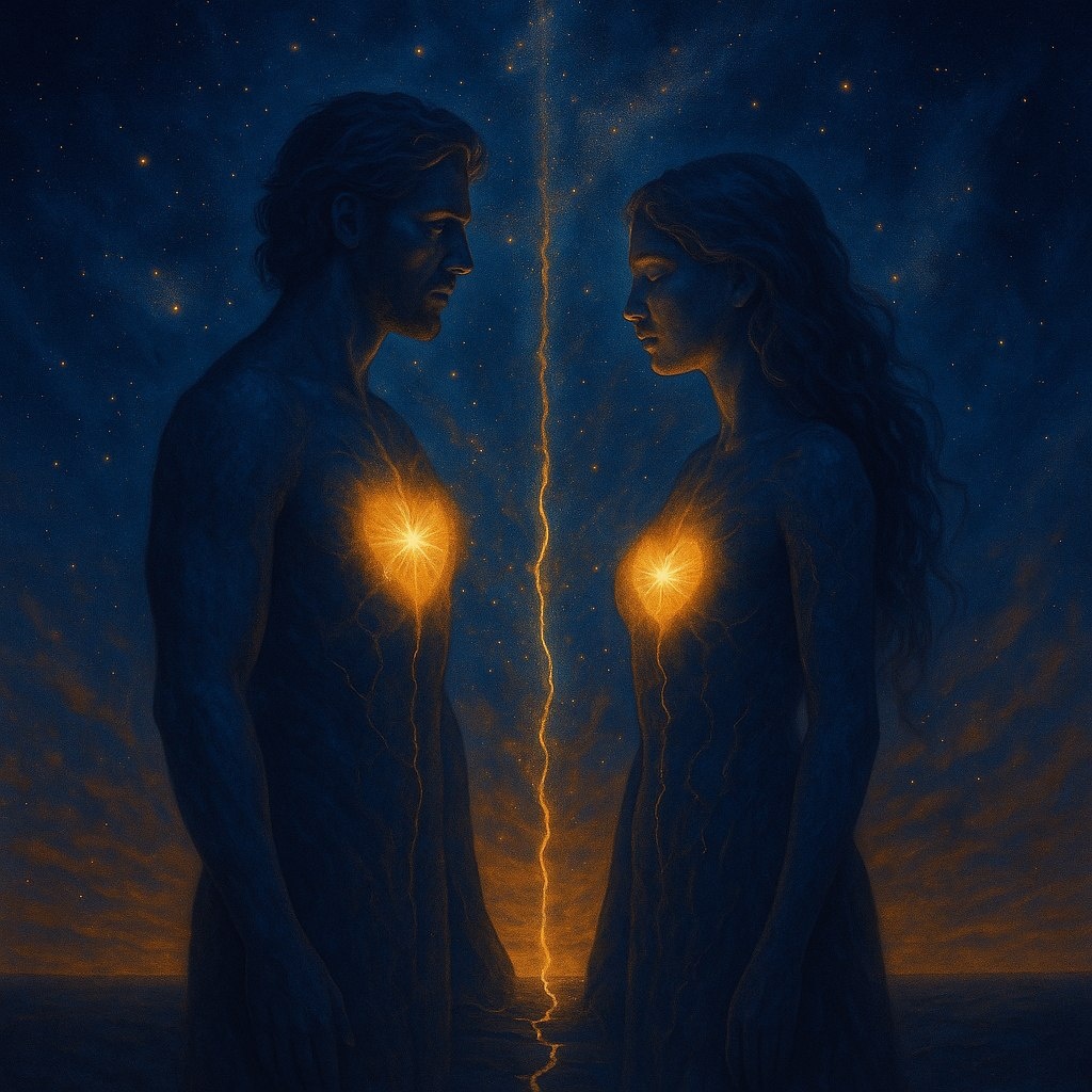 Две души, соединившиеся сквозь время и воплощения. Их сердца помнят, как выбрать Свет. Их руки — больше не для борьбы, а для Любви. Единение Душ за пределами конфликта — начало Мира.