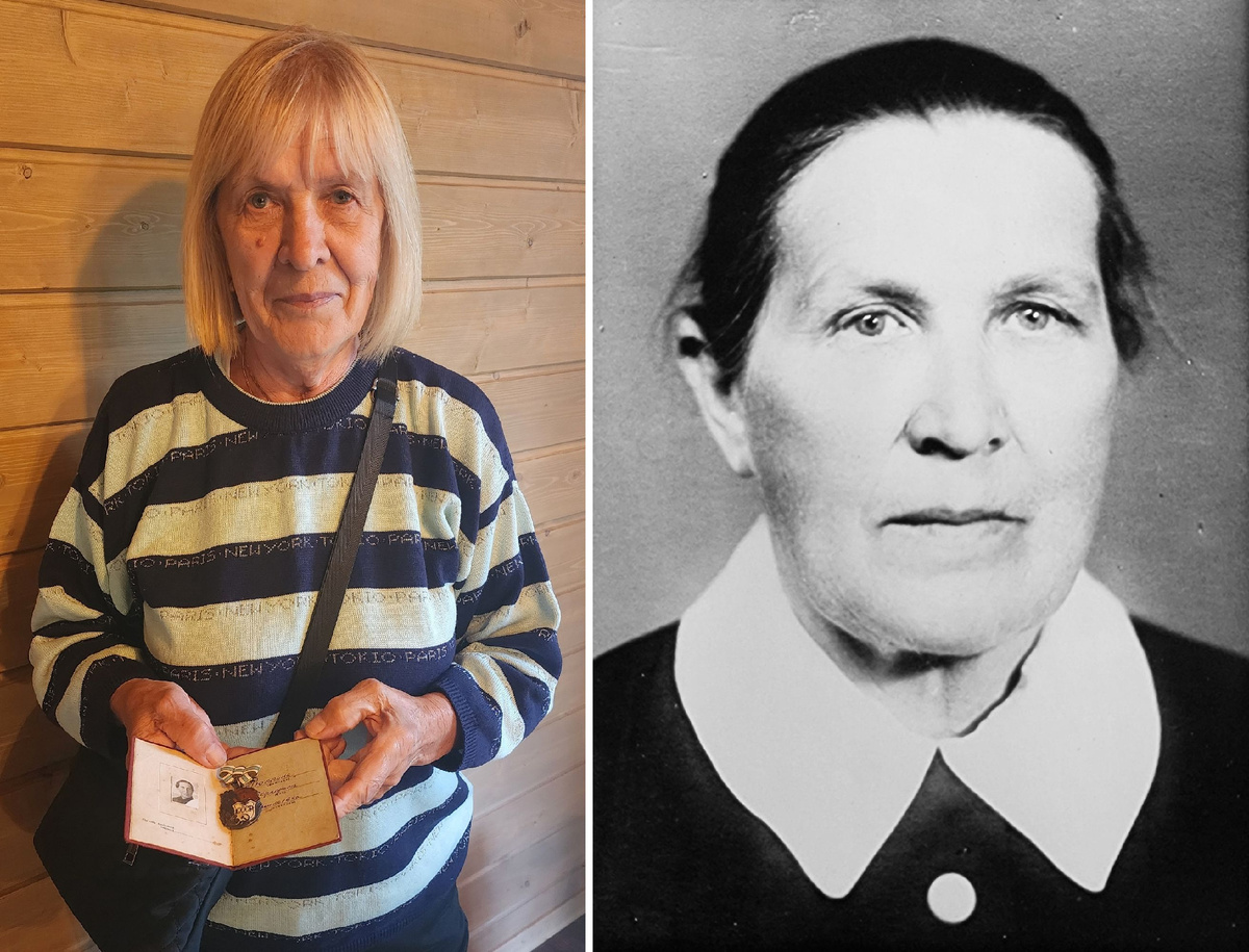 Лидия Ивановна Пистюльга передаёт в дар фонду медалью "Материнская слава" I степени и орденскую книжку, принадлежавшиме ее матери, Серафиме Васильевне Рюминой. Серафима Васильевна Рюмина. 1960-е гг. Фото из архива В.В. и М.Е. Рюминых