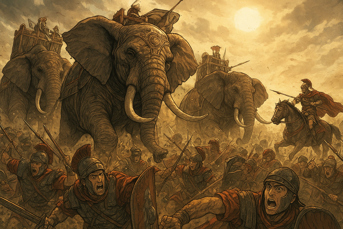 Ужас слонов у Гераклеи (280 г. до н.э.) (создано с помощью нейросети)