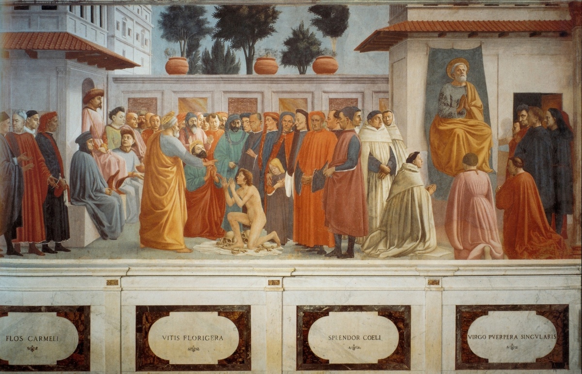 "Воспитание сына Феофила и Святой Пётр на троне", 1425-1428 гг., Санта-Мария-дель-Кармине, Флоренция. Третий стоящий справа мужчина - автопортрет Мазаччо