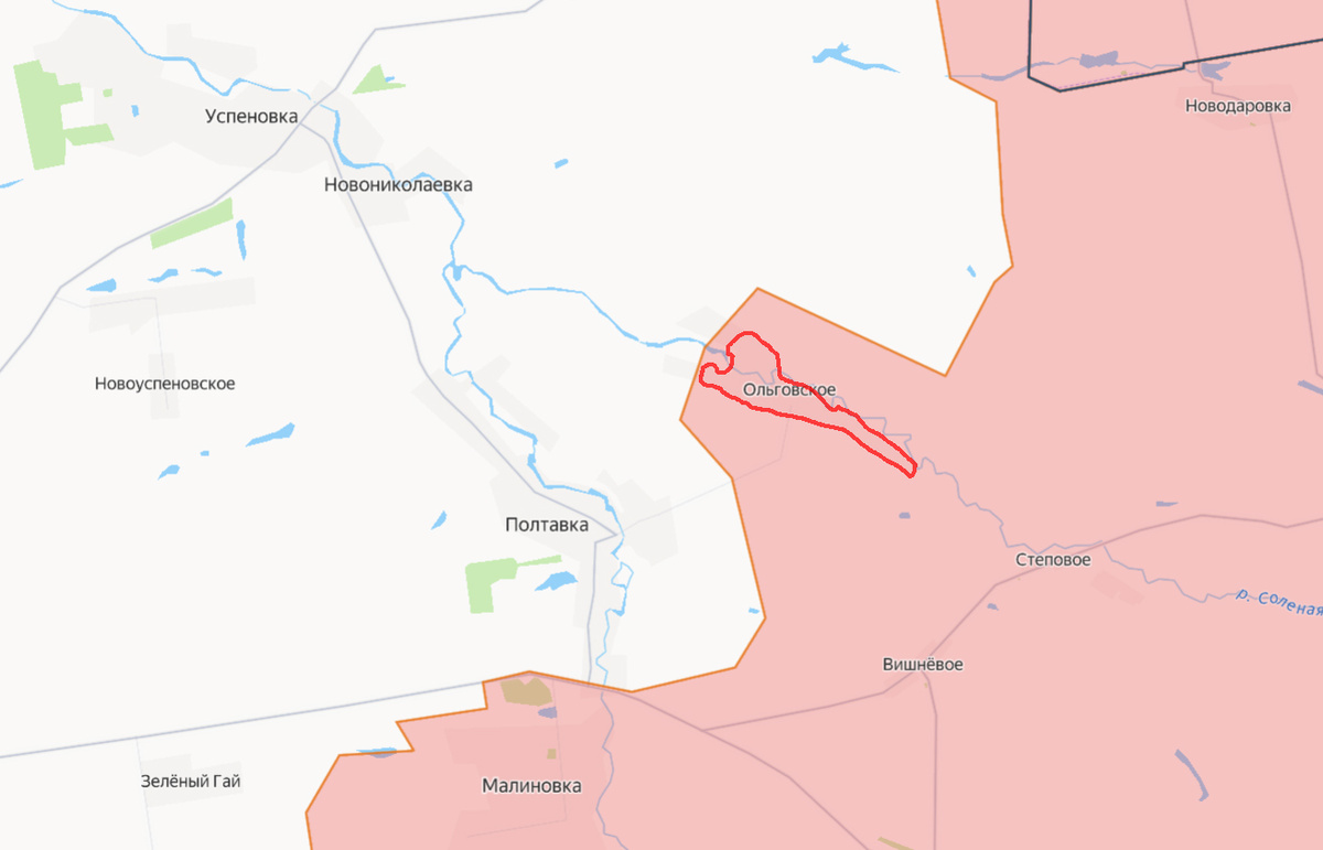 Красным контуром - освообождённое село Ольговское.