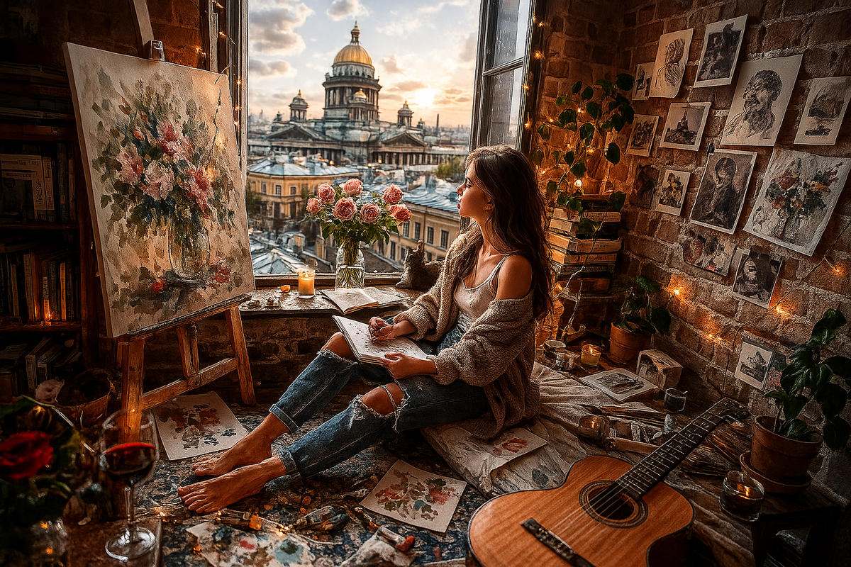Красивая иллюстрация - девушка среди творческого беспорядка глядит в окно на СПб, чтобы найти свое вдохновение...