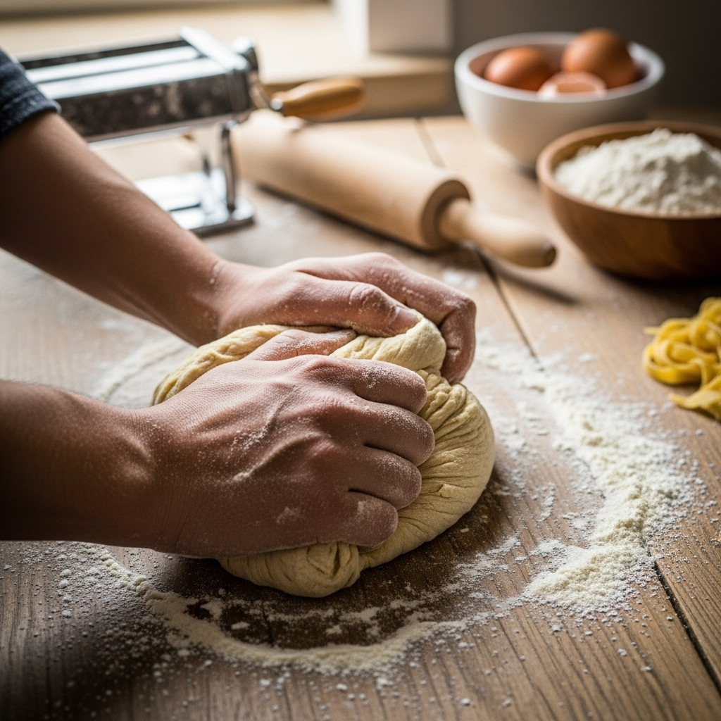 Муку горкой высыпаем на чистый стол или в большую миску