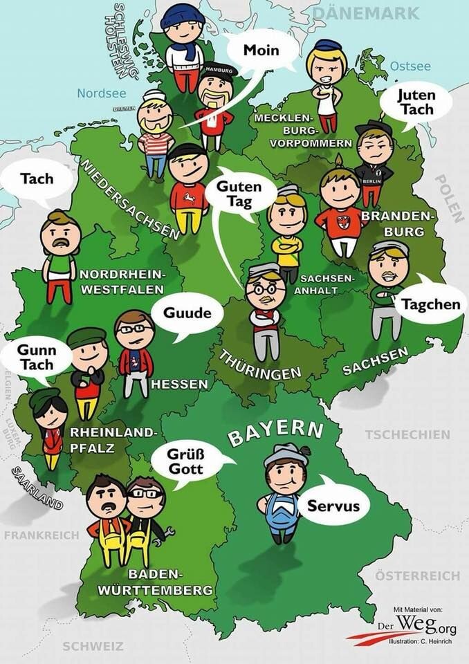 Так в разных землях Германии здороваются друг с другом. Отличий значительно больше, чем у нас между «здорово», «привет» и «добрый день»
