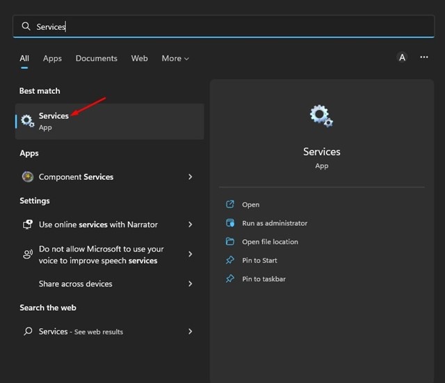 1. Нажмите на поиск Windows 11 и введите «Службы». Откройте приложение «Службы» из списка результатов.