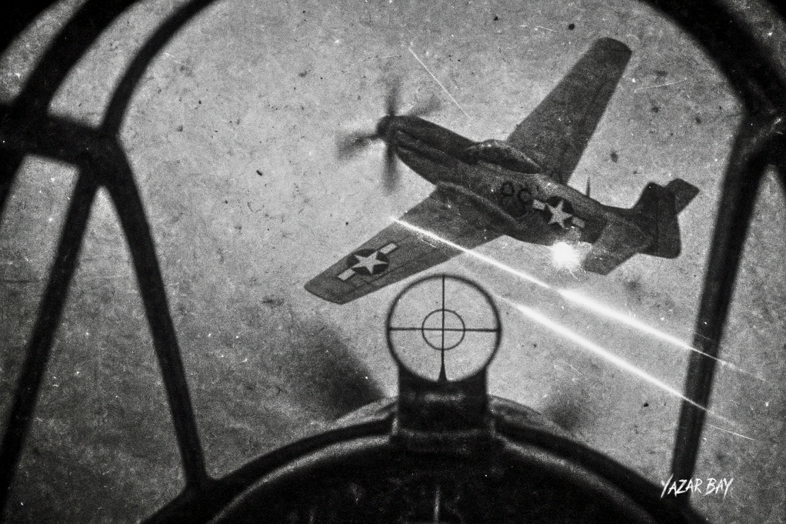 Иван Кожедуб в бою с американскими союзниками. ©Язар Бай. ИИ Рисунок, могут быть неточносит в деталях