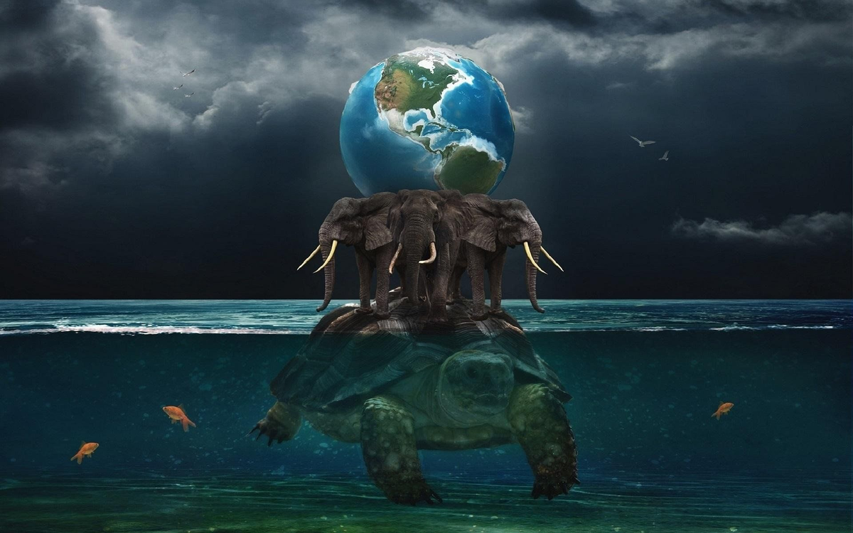 Согласно древнеиндийской мифологии, наша планета плоская и держится на слонах, которые стоят на черепахе в мировом океане, изображение от Культура.РФ
