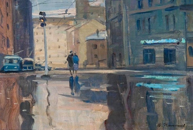 Юрий Пименов. Раннее утро в Москве. 1961. Холст на картоне, масло. 25 х 37