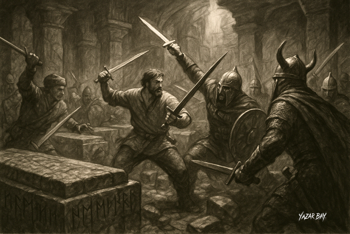 В древней усыпальнице хазарских каганов булгарский воин Айдар и его новые союзники вступают в бой с последними из элитных гвардейцев-убийц. ©Язар Бай