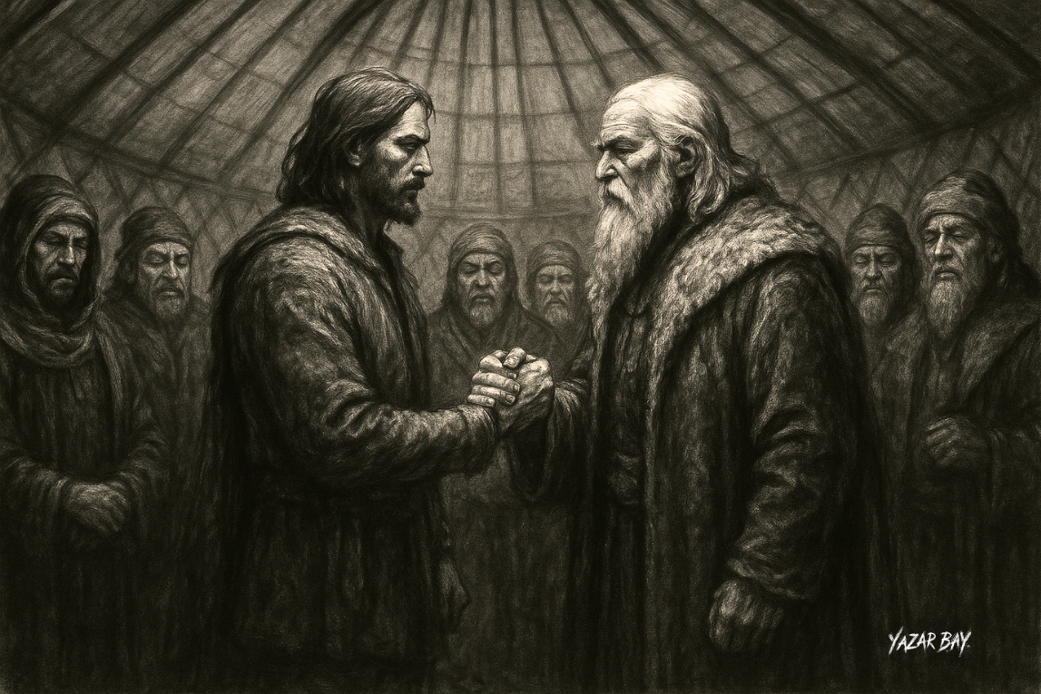 В огромной юрте хазарского вождя булгарский воин Айдар, завоевав доверие, заключает военный союз с советом суровых степных старейшин. ©Язар Бай