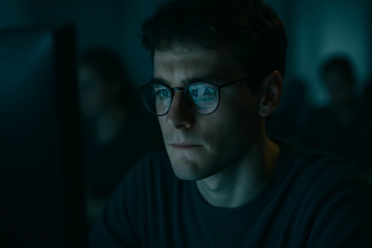 Кандидат в водители перед компьютером в классе, сдает теоретический экзамен/Теория последняя проверка