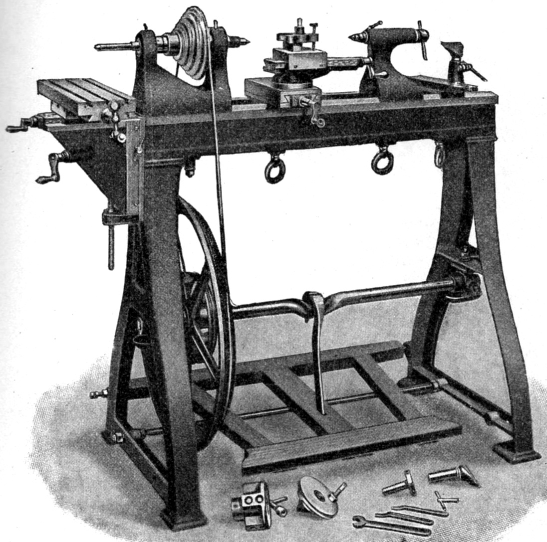средневековый токарный станок с педалью и ременной передачей