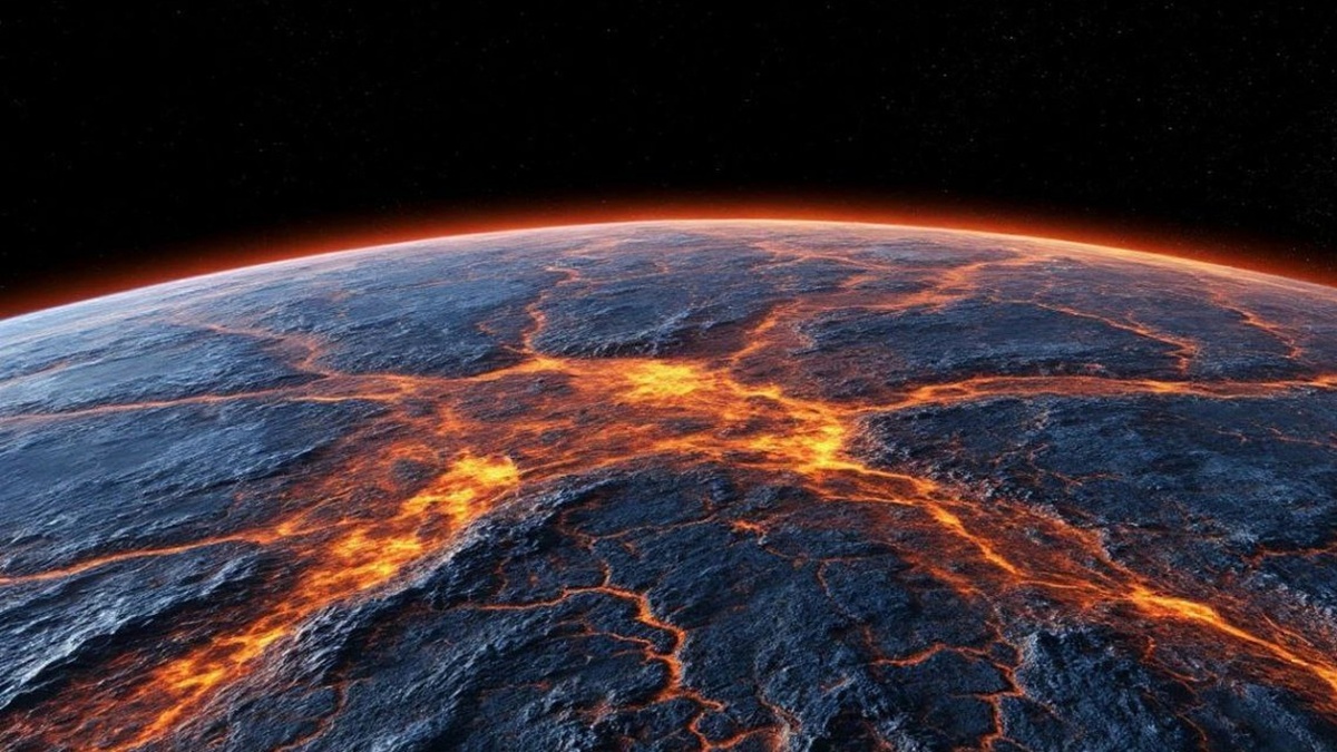 На иллюстрации: ранняя Земля, где можно увидеть магму, вытекающую из ядра планеты в результате сильного удара. Исследование выявило серьезную сложность создания структурированной биологической информации в реалистичных добиологических условиях. Изображение сгенерированное нейросетью Шедеврум.