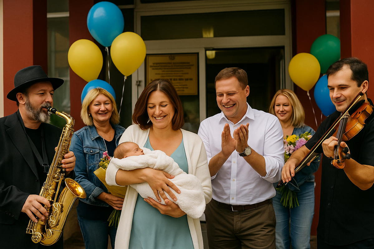 Музыканты встречают маму с малышом у роддома 🎷🎻 — живая музыка, улыбки и праздничная атмосфера.