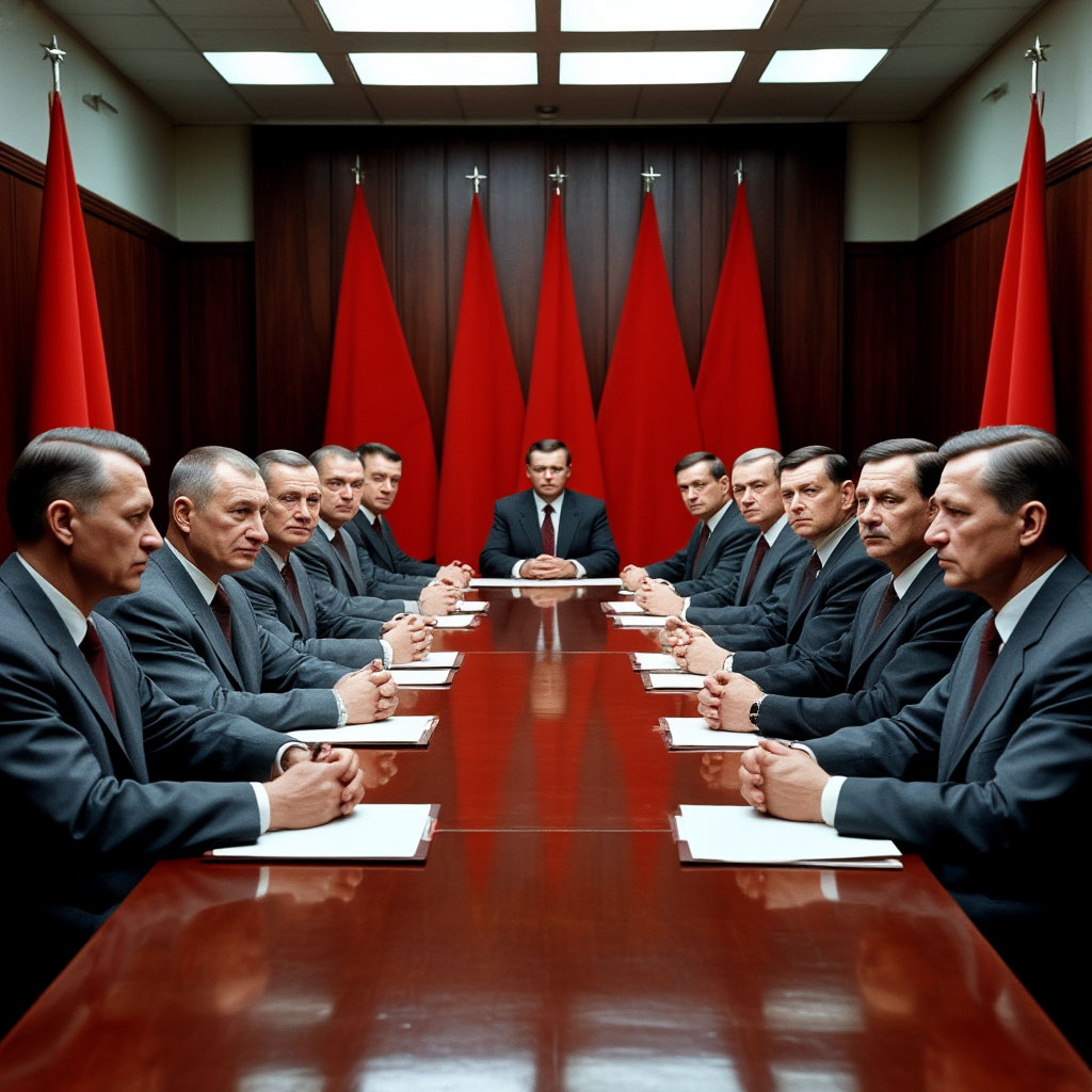 Советские чиновники заседают, иллюстрация создана сетью "Шедеврум"